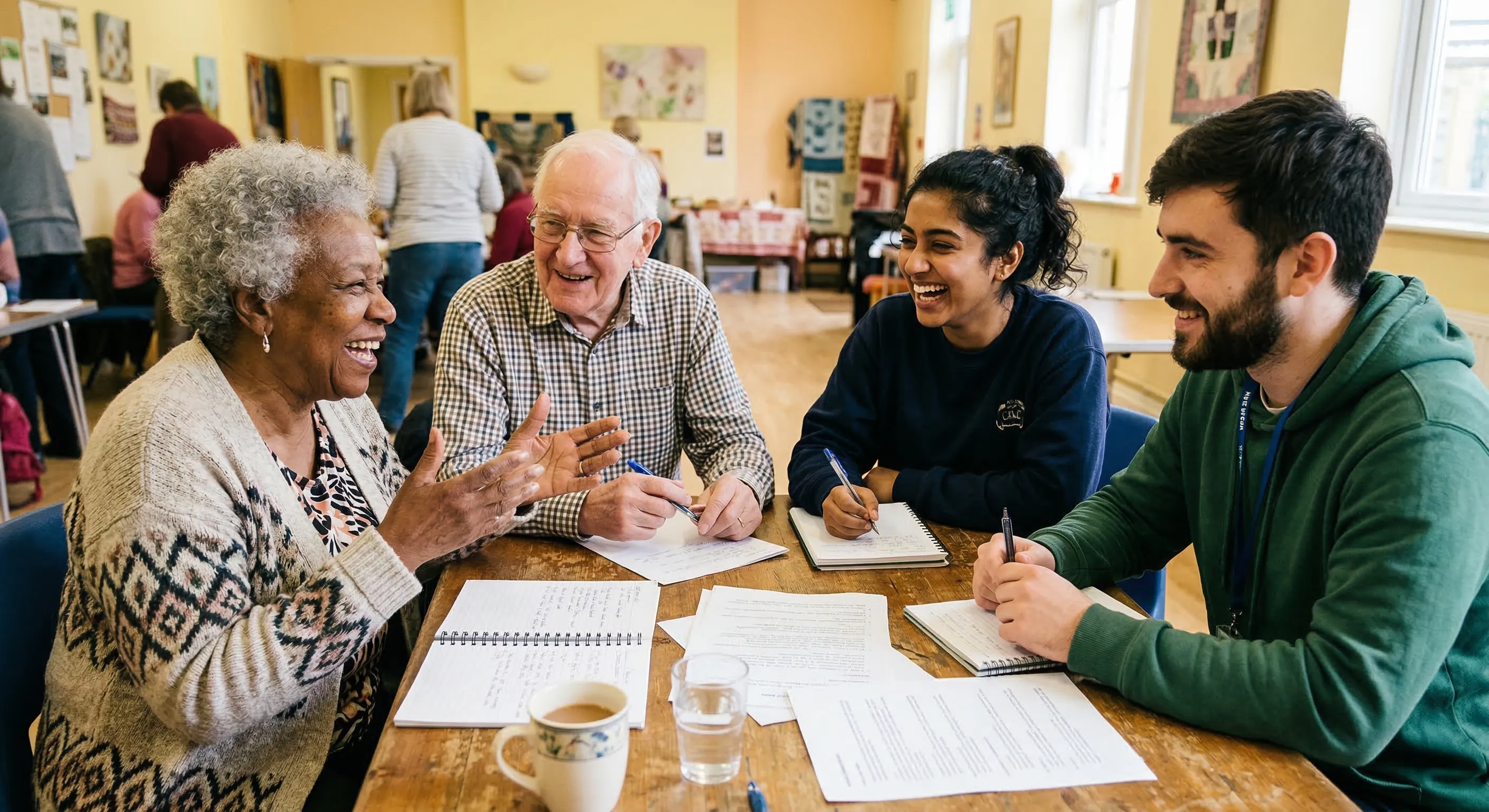 Dos adultos mayores y dos jóvenes voluntarios reunidos alrededor de una mesa con papeles y libretas, compartiendo memorias en el proyecto Puentes de Papel